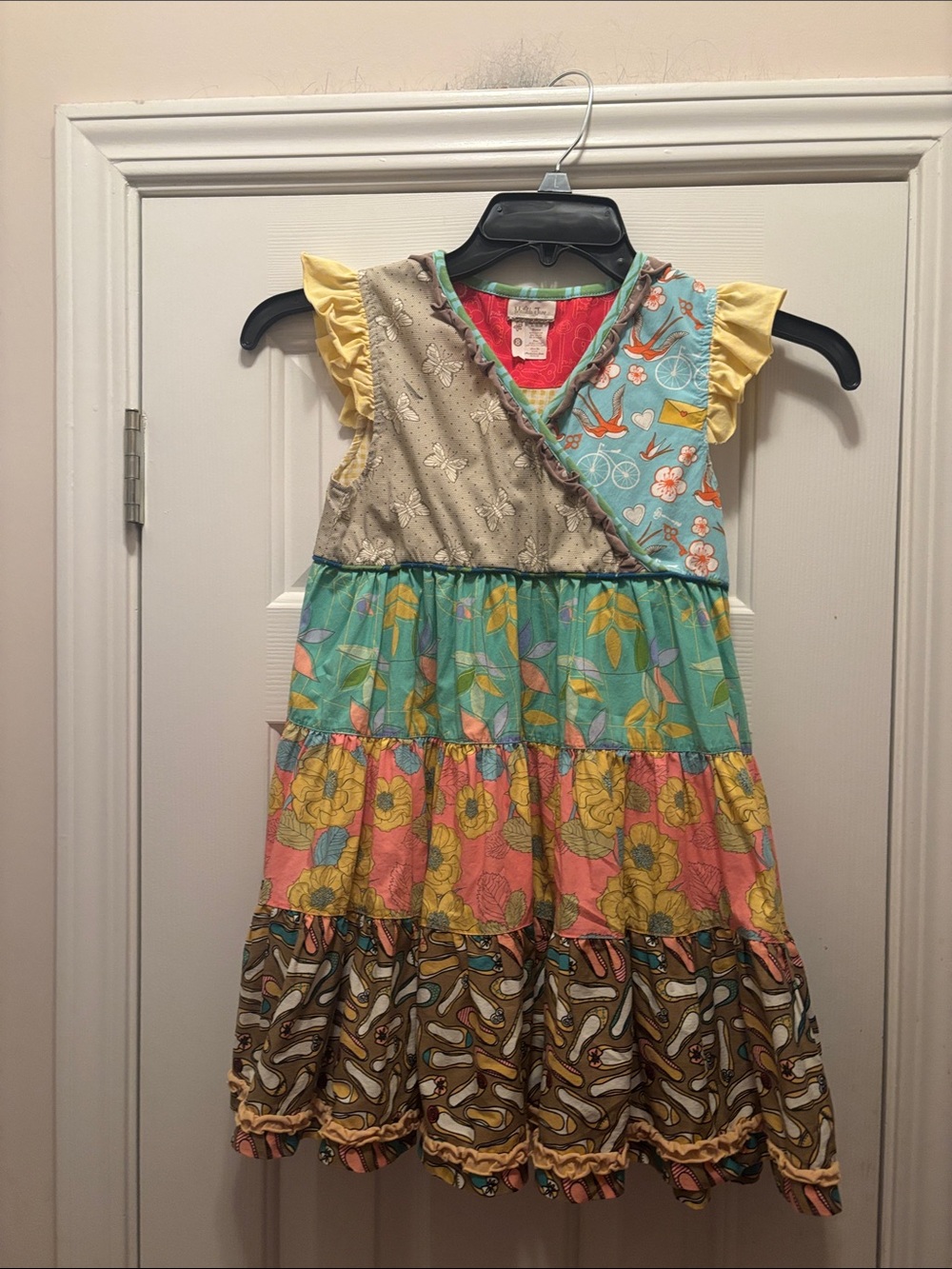 Matilda Jane Multi-Print Tiered Dress with Yellow Ruffle Sleeves
